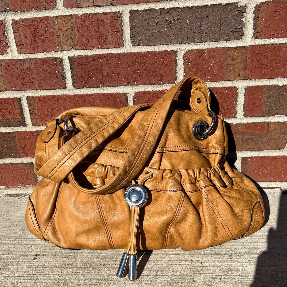 B Makowsky Tan Leather Double Strap Shoulder Bag